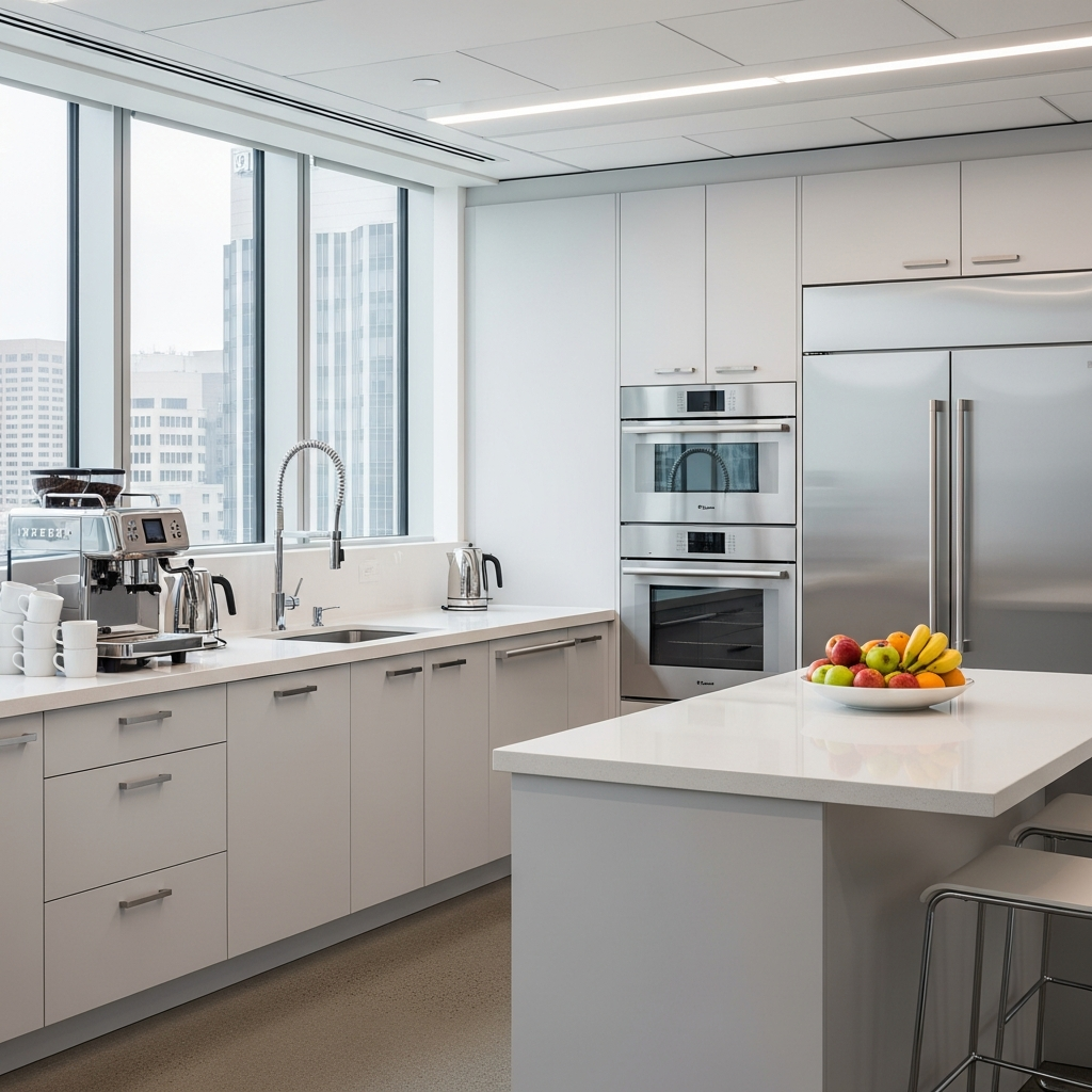 Clean corporate breakroom and kitchen area
